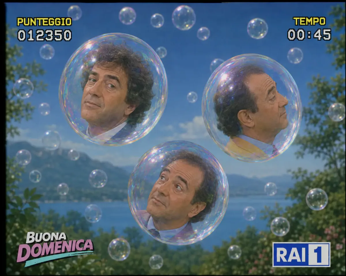 Schermata del gioco televisivo Il gioco delle bolle con punteggio, tempo e volti dentro le bolle