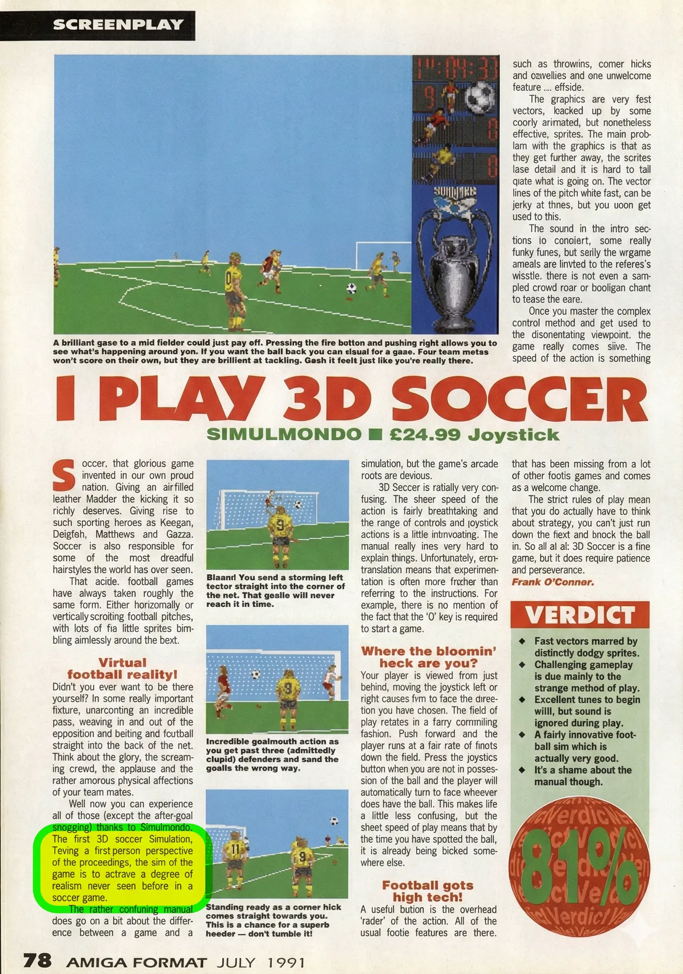 Articolo di Amiga Format del luglio 1991 dedicato a I Play 3D Soccer