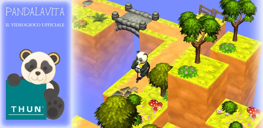 Il panda protagonista e schermate mobile del videogioco Pandalavita di THUN