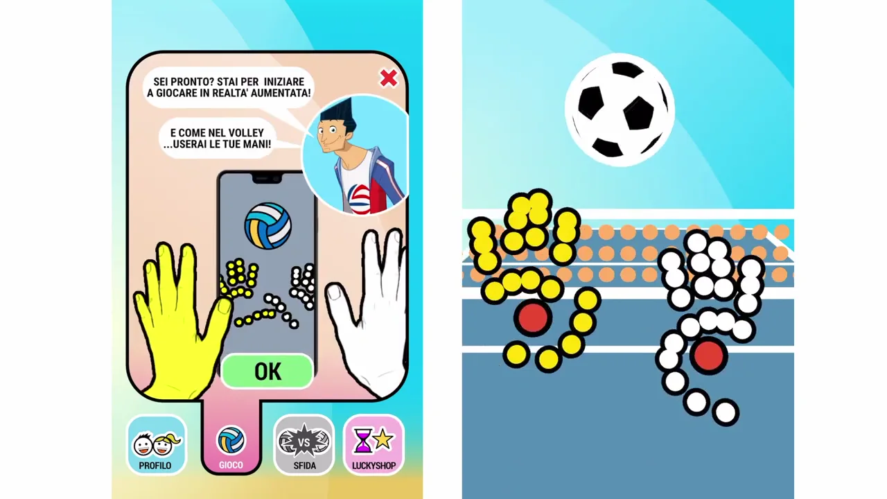 Due mani rilevate dalla fotocamera controllano una partita di pallavolo in realtà aumentata